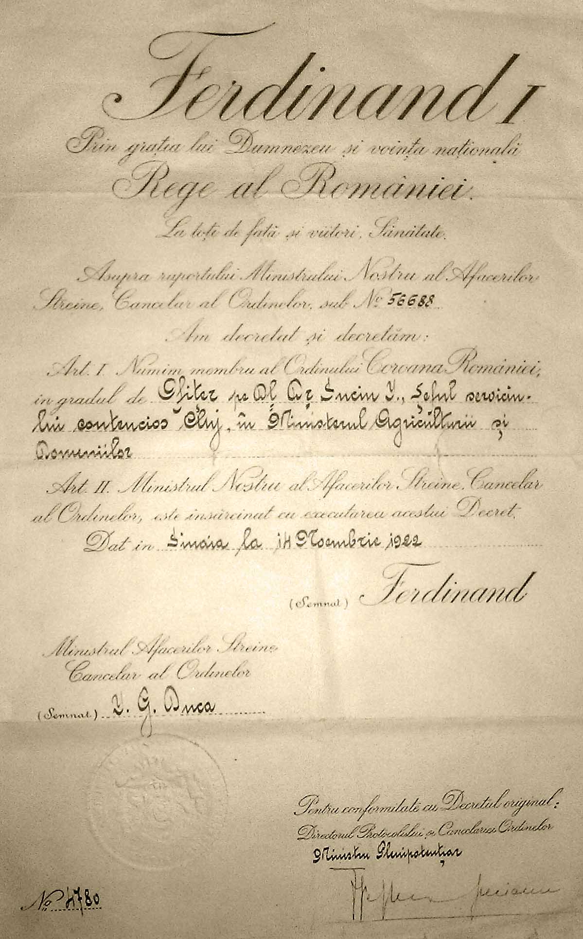 brevet Ordinul Coroana Romaniei_dr Ioan Suciu_1922